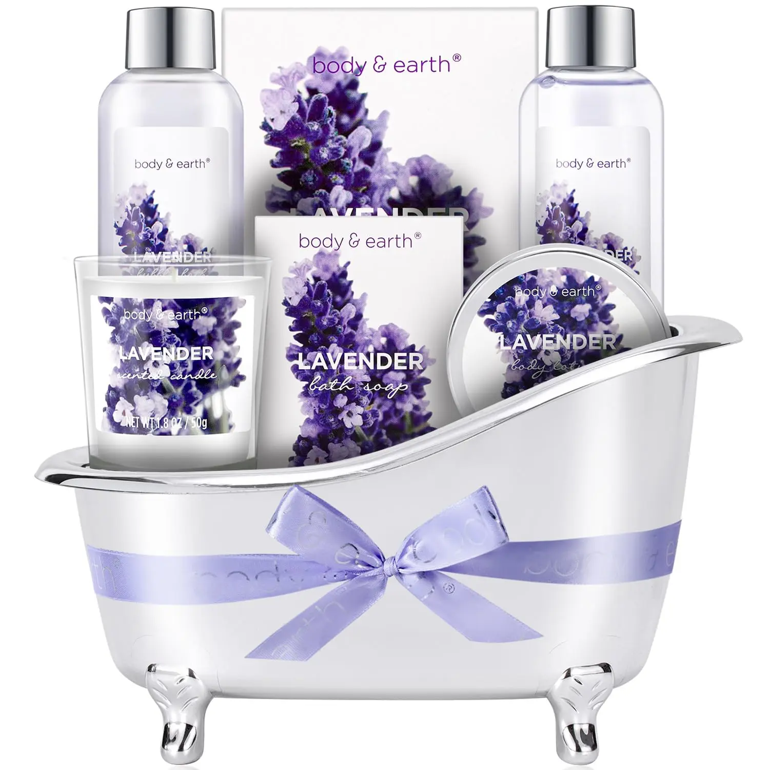 Bath and Body Care Lavender Gift Baskets for Women, with Bubble Bath, Bath Salts, Body Lotion, Scented Candle, Self Care Bundles, Valentine Gifts Moisturize Mother's Day Gift For Mom Pamper Your Mother