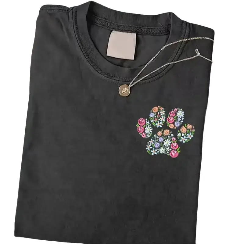 Women's Breathable Cotton Short-Sleeve Floral Paw Print Embroidery Casual T-Shirt - Dog & Cat Lover Top, Husky Themed Black Shirt, Shortsleeve, Fit, Retro, Vibe, Pink, Furry