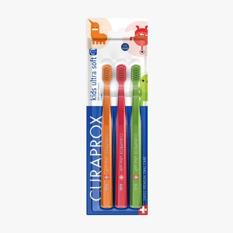 CURAPROX Ultra Soft Kids Toothbrush 3-Pack for Ages 4-12 Gentle Daily Care with Ergonomic Handle and 5500 Ultra-Soft Filaments
