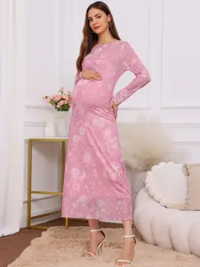 INSPIRE CHIC Women's Maternity Mesh Dress 2-Piece Bodycon Fall Wedding Guest Cocktail Party Pregnancy Dresses Pink Floral