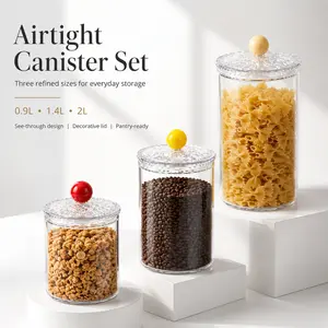 Food-grade airtight storage jars 0.9L/1.4L/2L, 3-piece set, transparent kitchen storage jars with colorful decorative lids, stackable kitchen storage jars for dry goods and snacks