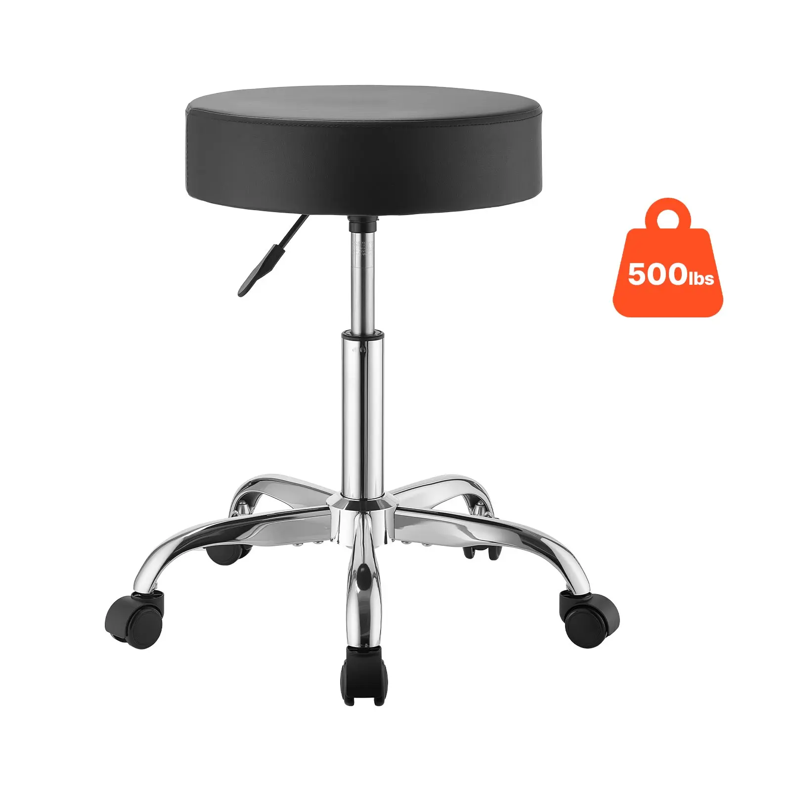 VEVOR Durable Rolling Stool with Wheels, 500 lbs Capacity, Height-Adjustable via Reinforced Gas Lift Cylinder, Thick Cushion Ergonomic PU Leather Seat, 360° Swivel Round Chair for Salon, Clinic, Black#BackToSchool