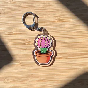 Moon Cactus Keychain with Epoxy - Pink Cactus in Pot Floral Design Durable Epoxy Finish Rustic Pot Accents Ideal for Keys Wallets Backpacks