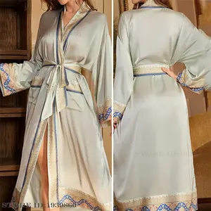 Plus Size Women's Robe with Pocket Long Kimono Bathrobe Gown Spring Summer New Sleepwear Nightgown Loose Satin Homewear Lingerie