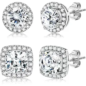 FLORIDECO 2 Pairs Halo Cubic Zirconia Stud Earrings Round Square Diamonique Stud Earrings Set for Women Men Luxury Jewelry Studearrings
