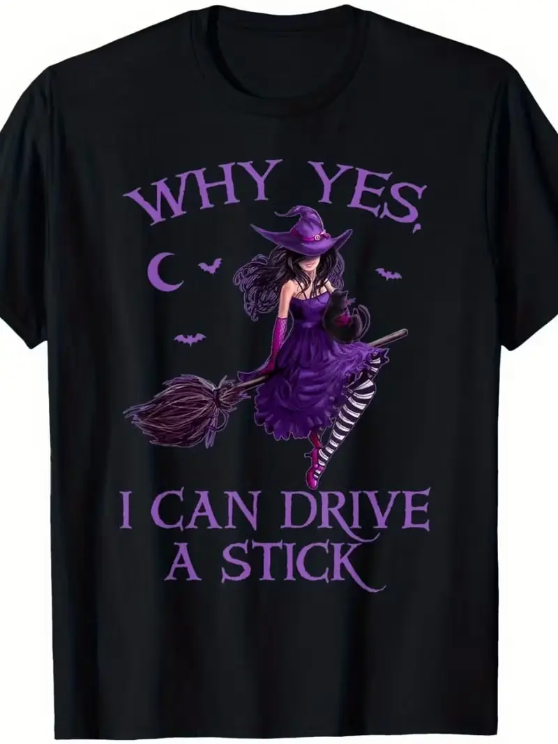 Why Yes I Can Drive A Stick Witch Broom Cat Halloween Graphic Crewneck T-Shirt, Funny Retro Spooky Casual Tee