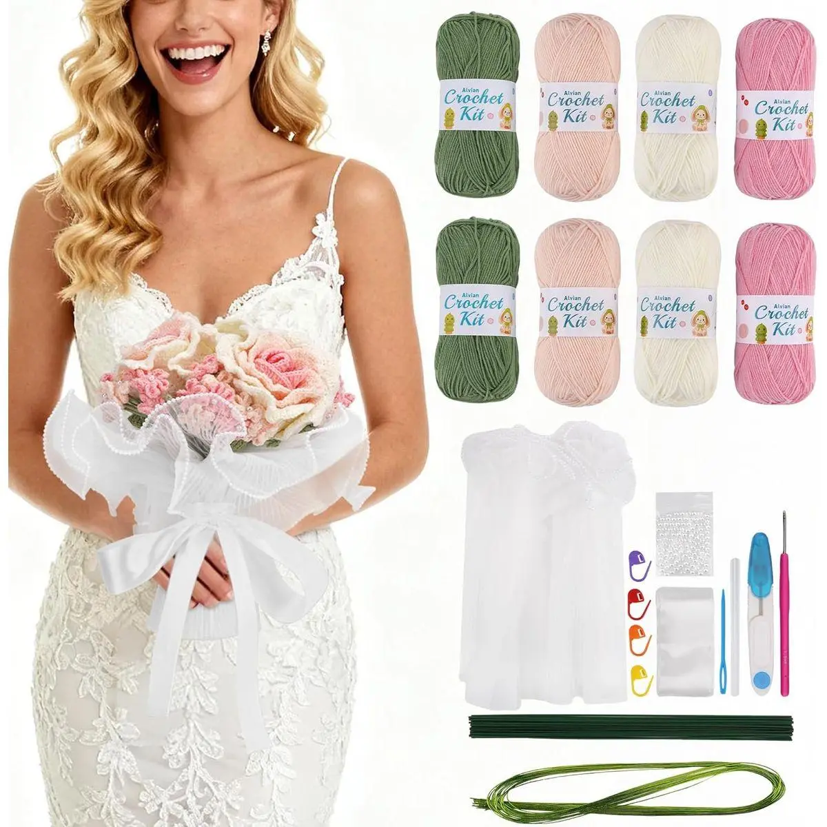 Beginner Crochet Kit for Wedding Bouquets - Complete DIY Crochet Starter Kit for Bride & Bridesmaid with Yarn, Hook, Pearl, Ribbon - Craft Knitting Supplies for Adults