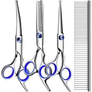 Professional Dog Grooming Scissors Kit, Titanium Coated 4in 1 Stainless Steel Grooming Shears Kit with Straight, Curved and Thinning Scissors for Dogs, Cats and Pets at Home outdoorfun Groomer Tools