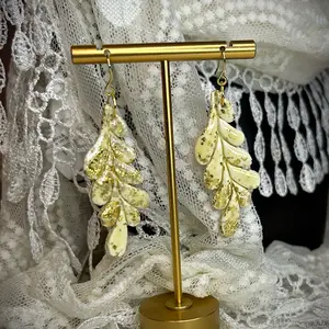 Ivory and gold leaf dangle ear hook earrings for pierced ears unique gift for her/woman/girl bridal wedding accessory