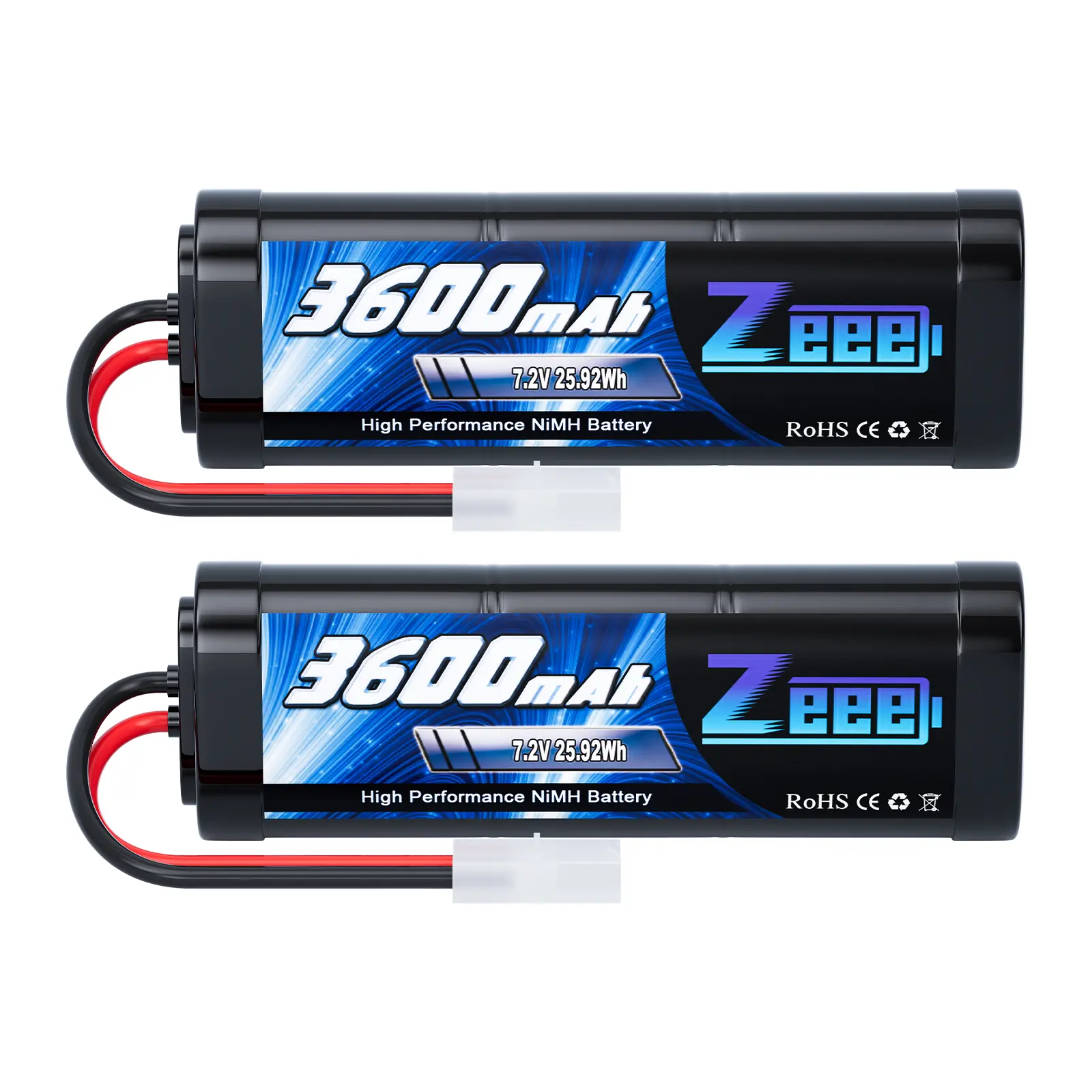 Zeee 7.2V 3600mAh RC NiMH Battery with Tamiya Plug High Power for RC Car RC Truck Associated HPI Losi Kyosho Tamiya Hobby(2 Pack)