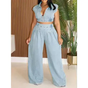Women's Denim Crop Top & Wide Leg Trouser Two-piece Set, Casual Fashion Cozy Two Piece Outfits for Daily Outdoor Wear, Ladies Clothes for Summer, Womenswear