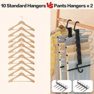 Pants Hangers Space Saving - 2 Pack Closet Organizer and Storage Jean Hangers, Stainless Steel Anti-Slip Clothes Hanger Scarf Holder for Pants Jeans Leggings Trousers Pant Rack, Black Foldable Heavy-Duty with
