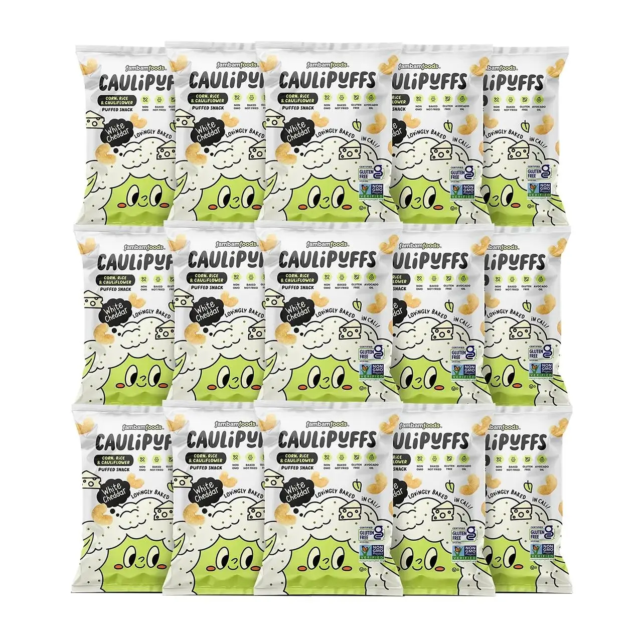 CauliPuffs 15pk White Cheddar Puffs Snack Size: Non Gmo, Gluten Free, Baked with Avocado Oil, Made in a Nut-Free Facility