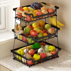 3 Tier Countertop Fruit Basket with 2 Banana Hangers for Kitchen, Detachable Metal Organizer for Bread Vegetable Fruits with Wooden Handle, Large Capacity Rectangular Storage Stand Bowls, Black