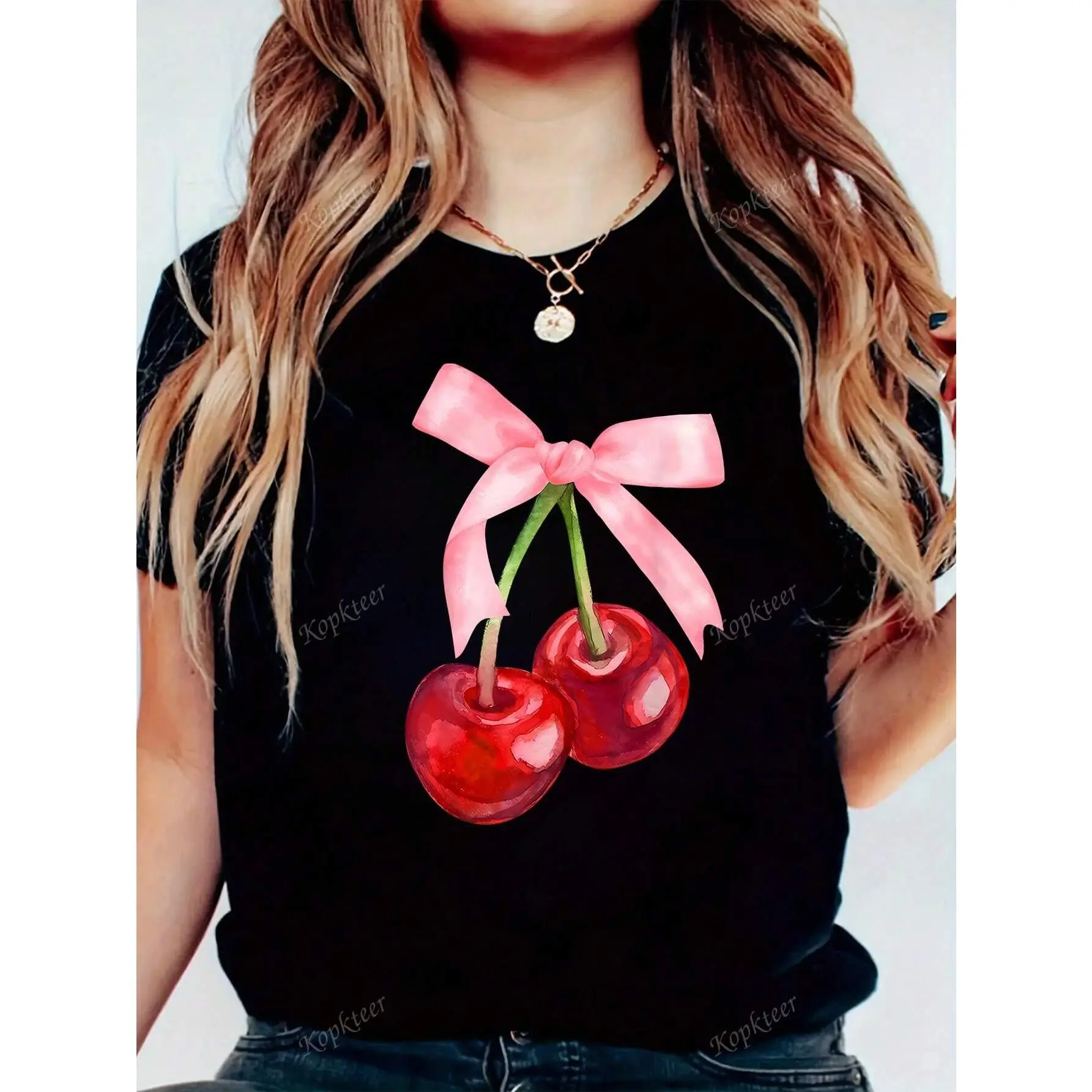 Women's Solid Color Round Neck Short Sleeve Casual Cherry Print Loose T-Shirt