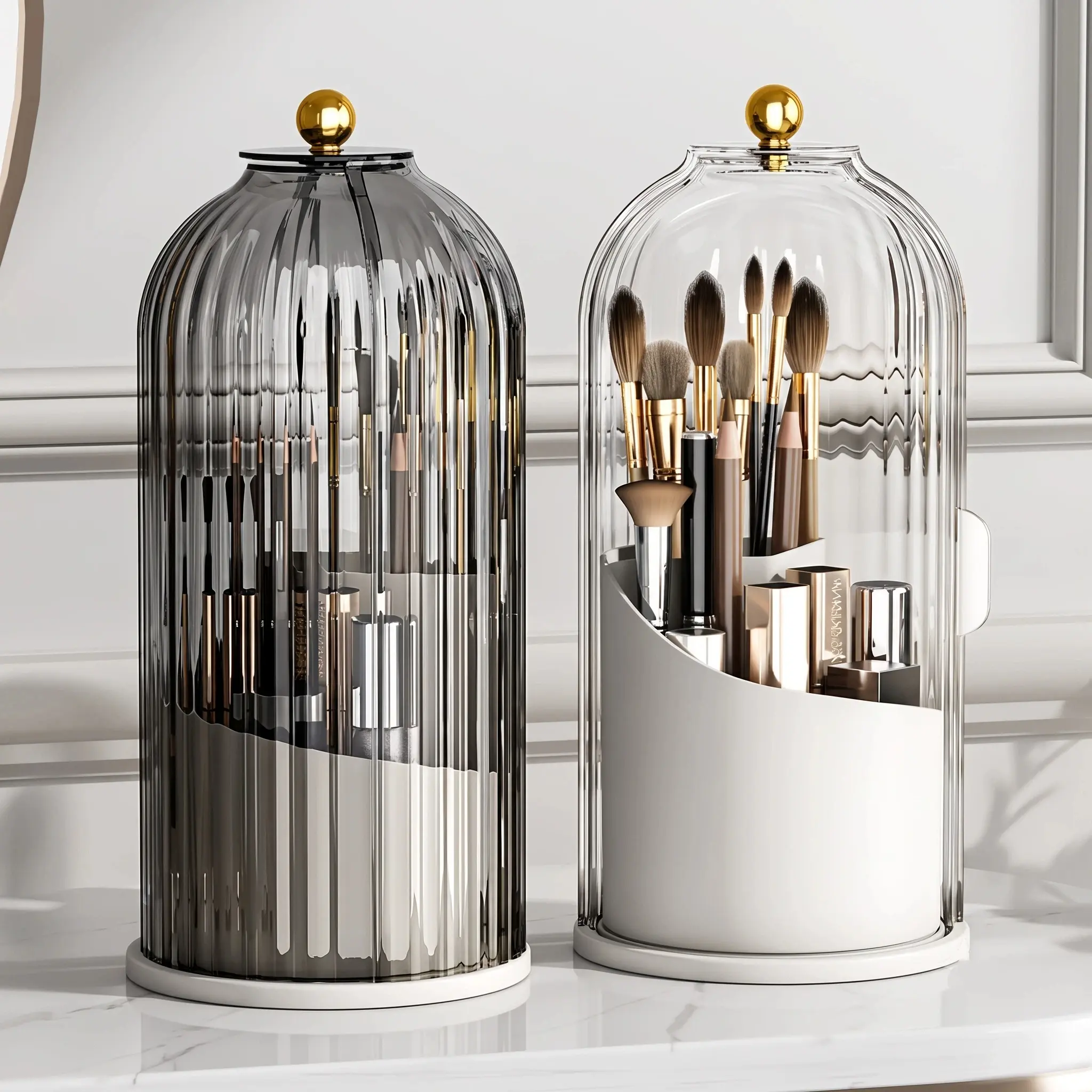 Toothbrush Holders with Sliding Lid, Rotating 3 Slots Bathroom Organizer Countertop, Tooth Brush Toothpaste Holder Bathroom Counter Stand Sink Organizer Caddy for Vanity Makeup Brushes Organizer(Grey/White)