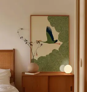 [No Frame] Japanese Crane in Swirling Cloud Skies, Woodblock-Style Poster