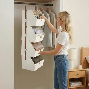 2 Pack 4 Tier Hanging Closet Organizer, Non-Woven Fabric Storage Shelves with Collapsible Baskets, Space-Saving for Bedroom, Dorm, RV