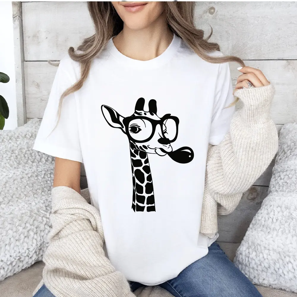 Women's Cartoon Giraffe Graphic Tshirt, Casual 100% Cotton Lightweight Top with Short Sleeves and Round Neck, Seamless, Shortsleeve, Graphics, Smooth, Soft, Solid, Fabric