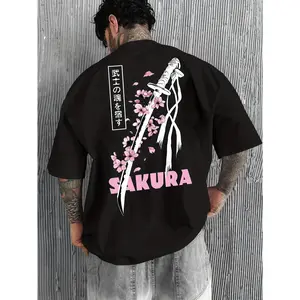 [Japanese Samurai Katana T-shirt] Men's Casual Japanese Samurai Katana and Cherry Blossom Pattern T-shirt |   Loose-fitting short sleeves with a round neck, lightweight fiber, machine washable |   Traditional design summer fashion T-shirt, casual summ