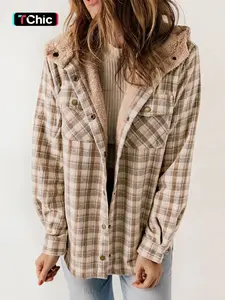 Women's Plaid Print Button Front Thermal Lined Hooded Coat Jackets, Casual Long Sleeve Pocket Outerwear for Winter, Ladies Clothes for Daily Wear