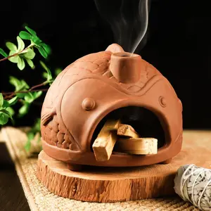 Large Fish-Shaped Terracotta Palo Santo Holder - Cone Burner for Sage,Chiminea Incense Dish with Chimney,Ideal for Meditation, Zen, Yoga, Spa & Wellness |   Anxiety & Stress Relief Items
