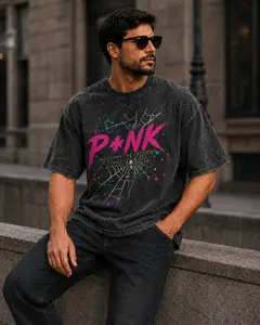 Unisex Oversized P*NK Vintage Washed T-Shirt, Y2K Punk Spider Web Graphic Tee, Cotton Short Sleeve Crew Neck, Hip Hop Streetwear Casual Summer Top for Men Women Aesthetic