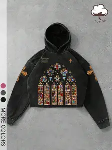 Men's Retro Church Graphic Print Hoodie, Long Sleeves, Casual Comfortable Fitted Pullover, Spring & Fall Fashion, Moderate Fabric Thickness