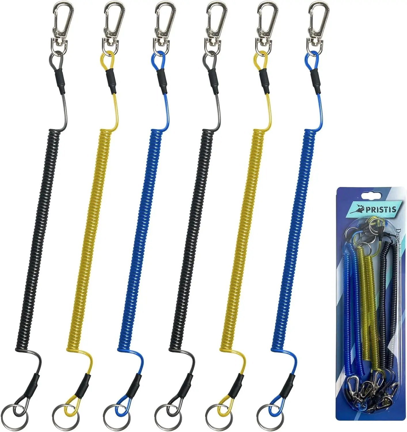 6 pcs Fishing Coiled Lanyards, Heavy-duty Retractable Keychain Pole Tether, Safety Leash Steel Wire & Carabiner Clip