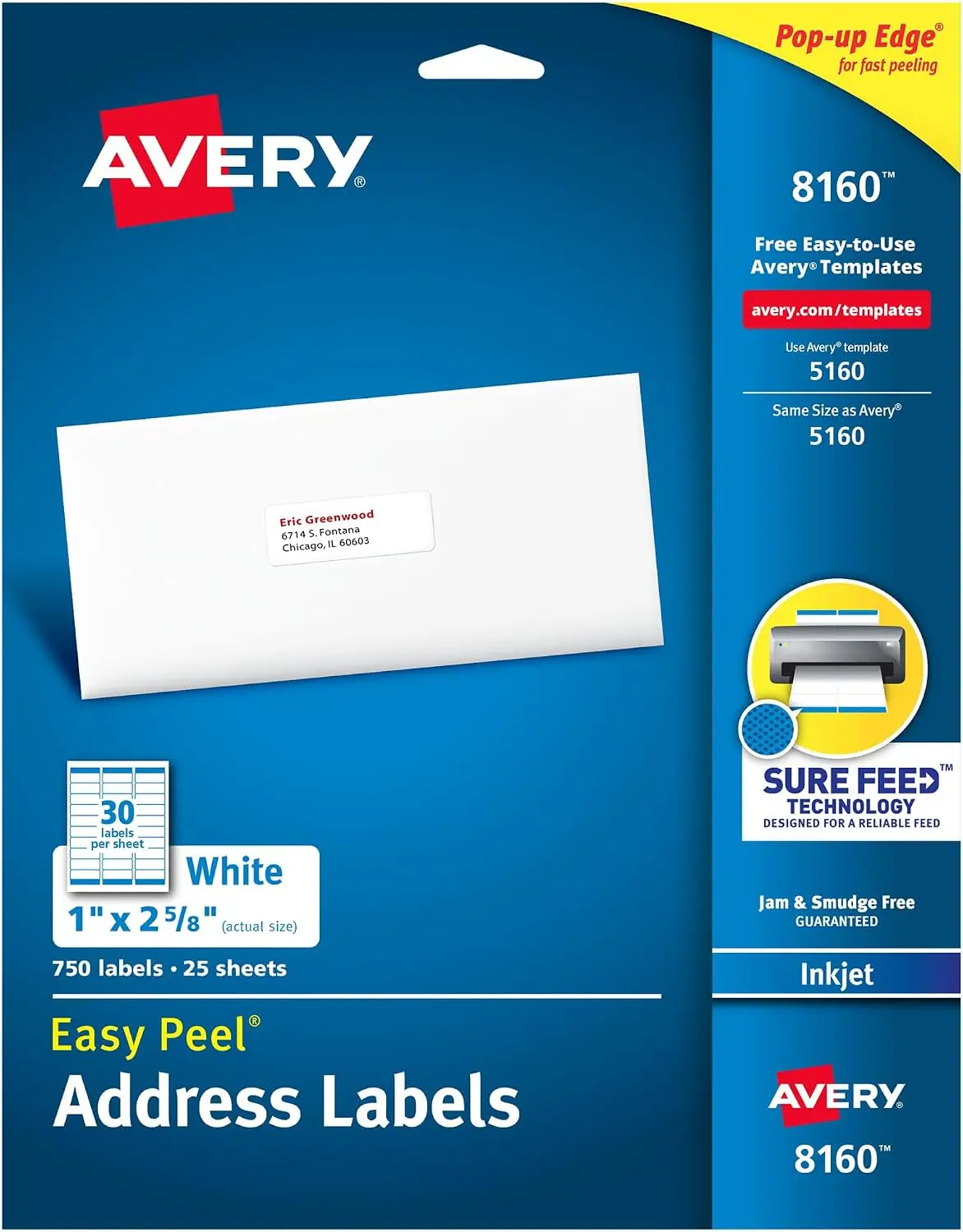 Avery Easy Peel Address Labels - Inkjet Printer Compatible, White, 1"x2-5/8", 750-Count Box (08160)