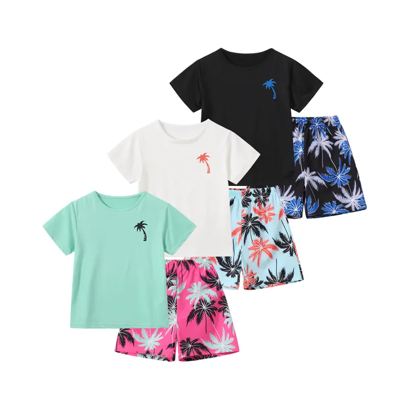 Boys' 3-Piece Summer Outfit Set - Coconut Tree Print Short-Sleeve T-Shirts and Beach Shorts, Breathable and Comfortable Casual Wear for Kids Bottoms Set Crew Neck Set