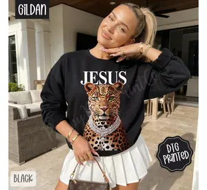 Leopard Jesus Sweatshirt, Trendy Women's Religious Crewneck