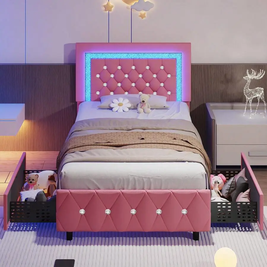 Queen Size LED Bed Frame With Storage Drawers, Upholstered Platform Bed With Headboard And Footboard, Diamond Tufted Modern Bed Frame For Bedroom, Twin Full King bed frame bed frames for queen bed frame for queen bed frames queen bed frame
