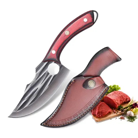 XNARLATH Red Durable Forged Steel Full Tang Butcher Knife - Black Blade Meat Cleaver with Sheath, Cooking Knives for Kitchen, Camping Use (Culinary Enthusiasts, Meatknife, Meatcleavers)