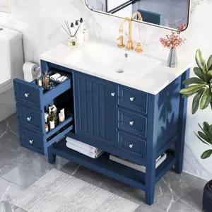 36" Bathroom Vanity with Sink Combo, One Cabinet and Three Drawers, Solid Wood and MDF Board, Blue (Old Sku:SY999505AAC)
