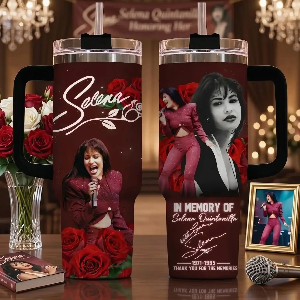 Selena Memorial Tumbler 40oz 30oz 20oz Tumbler with Handle, Red Rose Tribute Stainless Steel Insulated Travel Mug