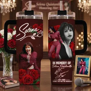Selena Memorial Tumbler 40oz 30oz 20oz Tumbler with Handle, Red Rose Tribute Stainless Steel Insulated Travel Mug