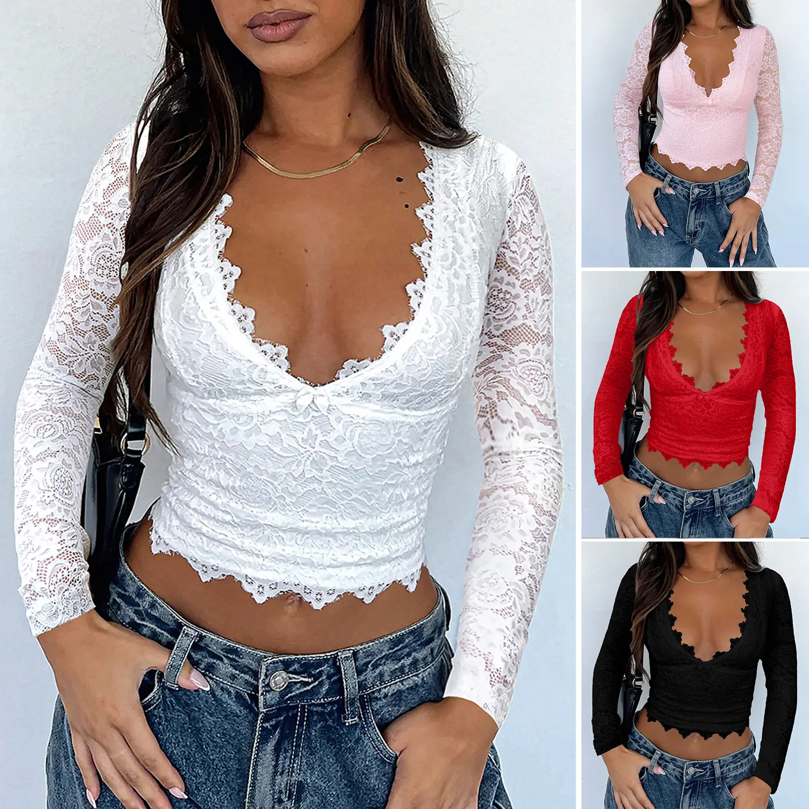 Women's Polyester Mesh Sheer Contrast Lace Blouse - Slim Deep V-Neck Long-Sleeve Crop Top, Casual Going-Out Outfit, S-XL Red Short Shirt with Plunge Neck Y2K Design campingessentials