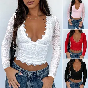 Women's sexy mesh sheer lace lace vneck long sleeve top, Red Slim plunge neck top, Y2K Deep V Neck Crop Top, Going Out Outfits Short Shirts Womenswear S-XL