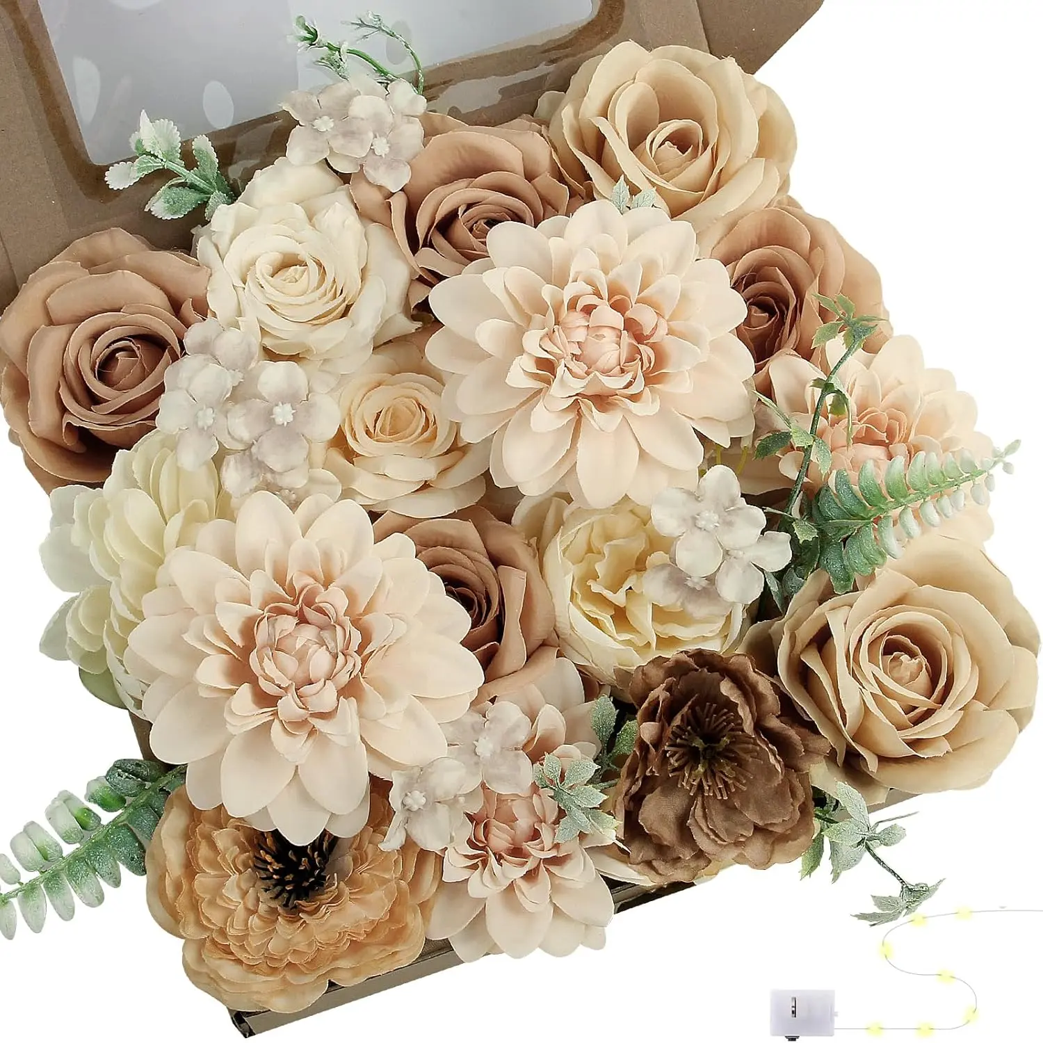 Nude Brown Silk Foam Decorative Flowers Set (40+ Pcs) with Eucalyptus Leaves, Stems & Pack Box - Long-Lasting, Realistic Look Decoration for Wedding Bouquets, Home Decor, Ideal All-Seasons Gift for DIY Projects, Baby Showers
