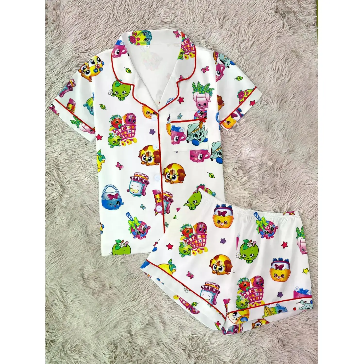 Cartoon Pattern Women's Pajama Set - Comfy Button-Up Sleepwear with Elastic Shorts