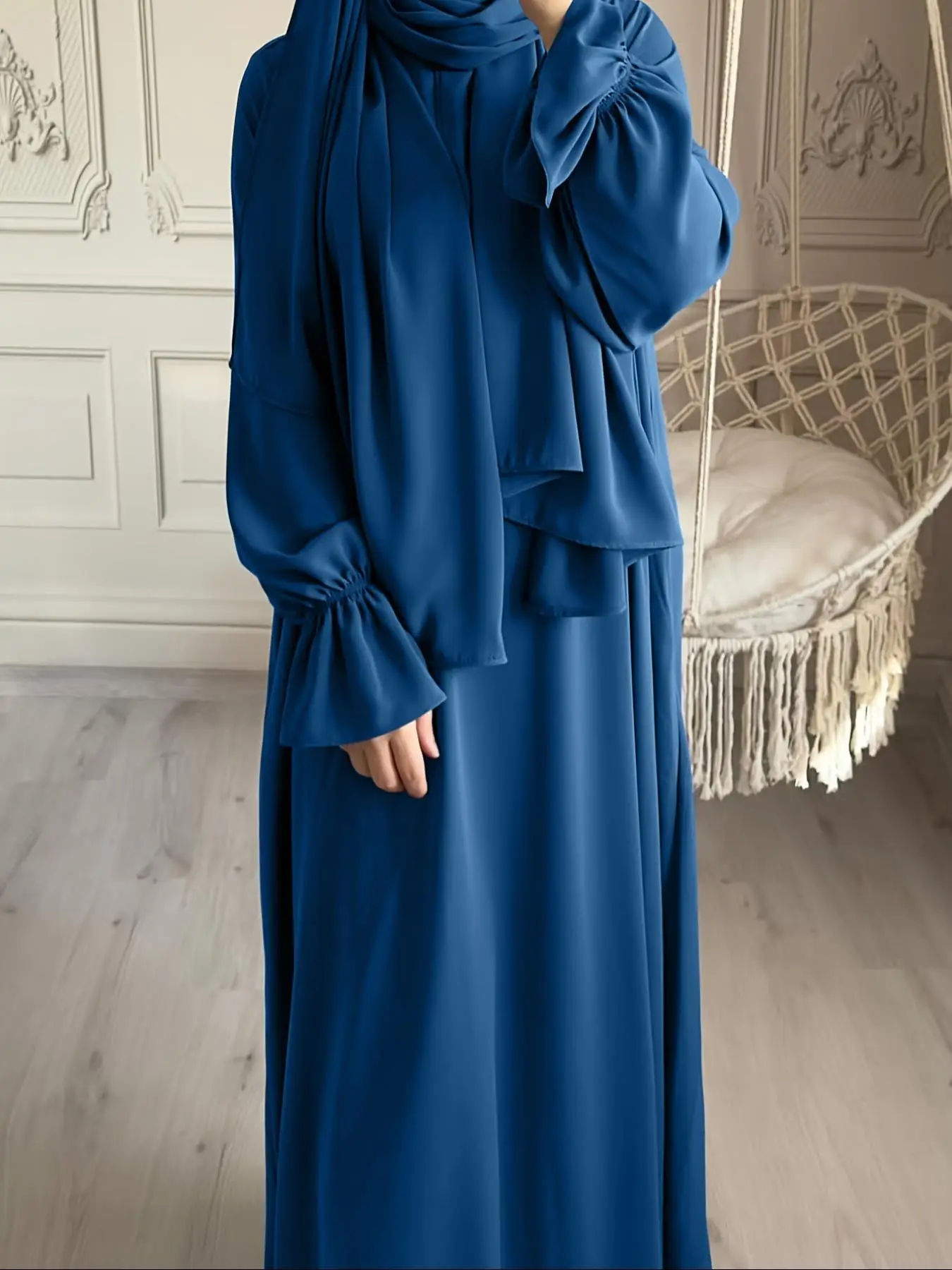 Women's Solid Color Flounce Sleeve Abaya Dress, Modest Long Sleeve Round Neck Dress for Daily Wear, Ladies Islamic Clothing for All Seasons