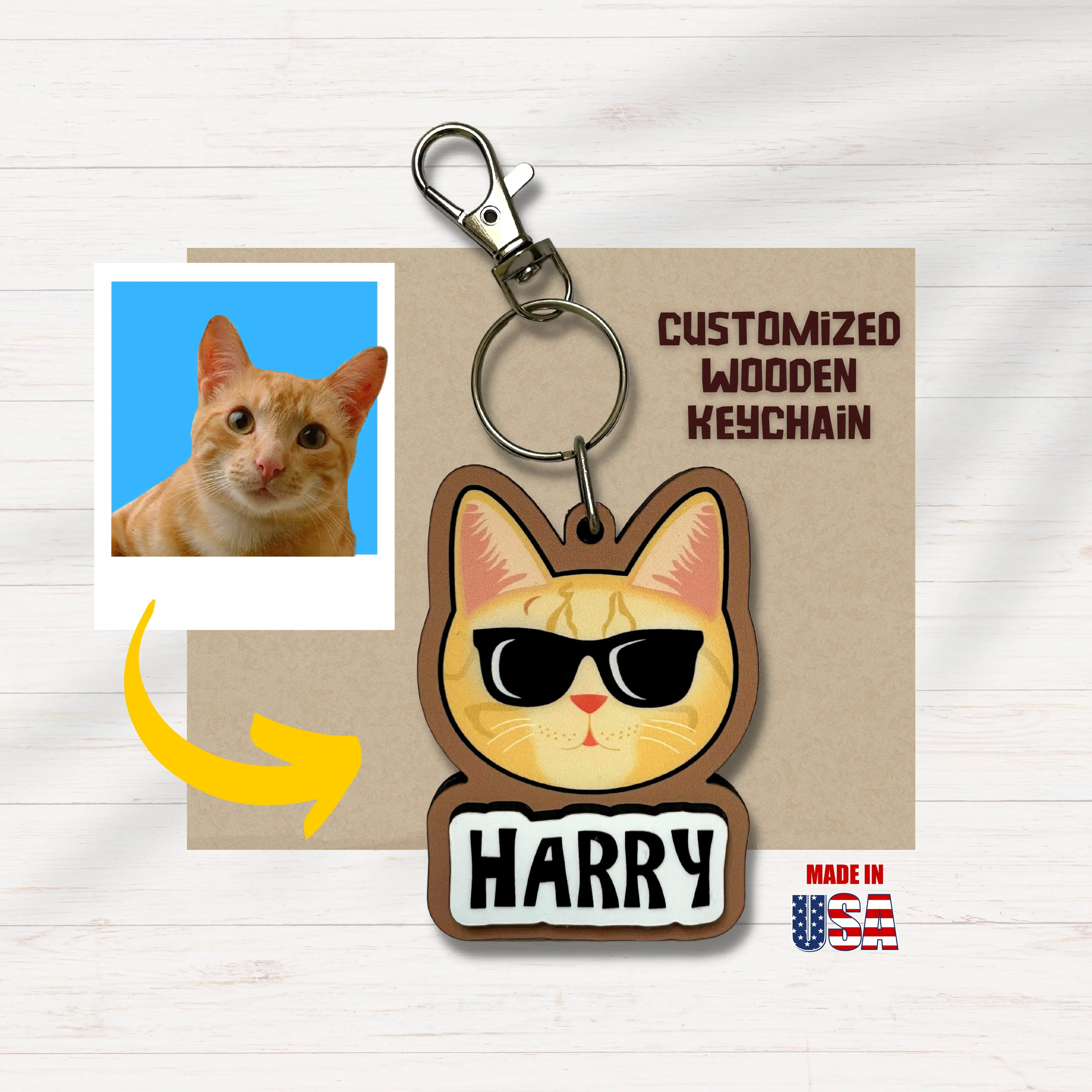 Custom Wooden Keychain With Picture and name - Cats