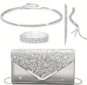 4 count Women Evening Handbags Clutch Purse Bag with Rhinestone   Set for Wedding Party