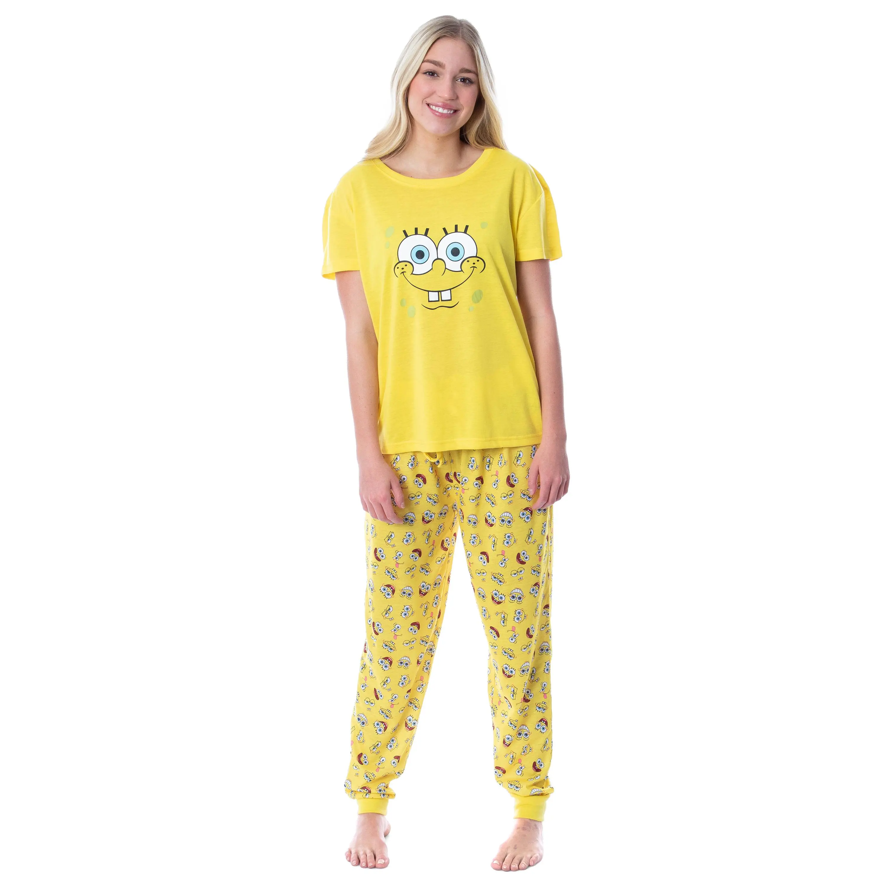 PJammy Women's SpongeBob SquarePants 2-Piece Pajama Set, Polyester Jogger Nightwear with Graphic Shirt and Allover Print Bottoms, Apparel, Everyday, Cuffed, Loungewear, Shortsleeve, Fabric