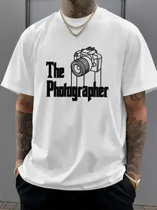 Photographer Print Element Men's T-Shirt, High-End Fashion Casual Short Sleeve Tee, Trendy Graphic Crew Neck Top for Men, Soft Cotton Blend Summer Streetwear, Unique Gift for Photography Lovers, Dad, Him