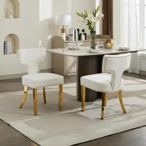 Mid Century Modern Dining Chairs Set of 2, Farmhouse Chenille Fabric Upholstered Accent Chair Curved Backrest with Copper Nails around,Kitchen Chairs with Golden Stainless Steel Plating Legs, Beige