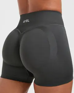 (With Logo) A.Y.B.L Adapt Seamless Gym Shorts With Logo Women's Mid-Rise V Back Waistband Engineered Scrunch Knit 49% Polyester 42% Nylon 9% Elastane True Fit Fitness Workout Yoga Running