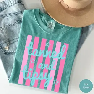 Comfort Colors Striped Tanned And Tipsy T-Shirt, Sweet Summer Time Tee, Beach Life Shirt, Trendy Gift for Women, For Woman