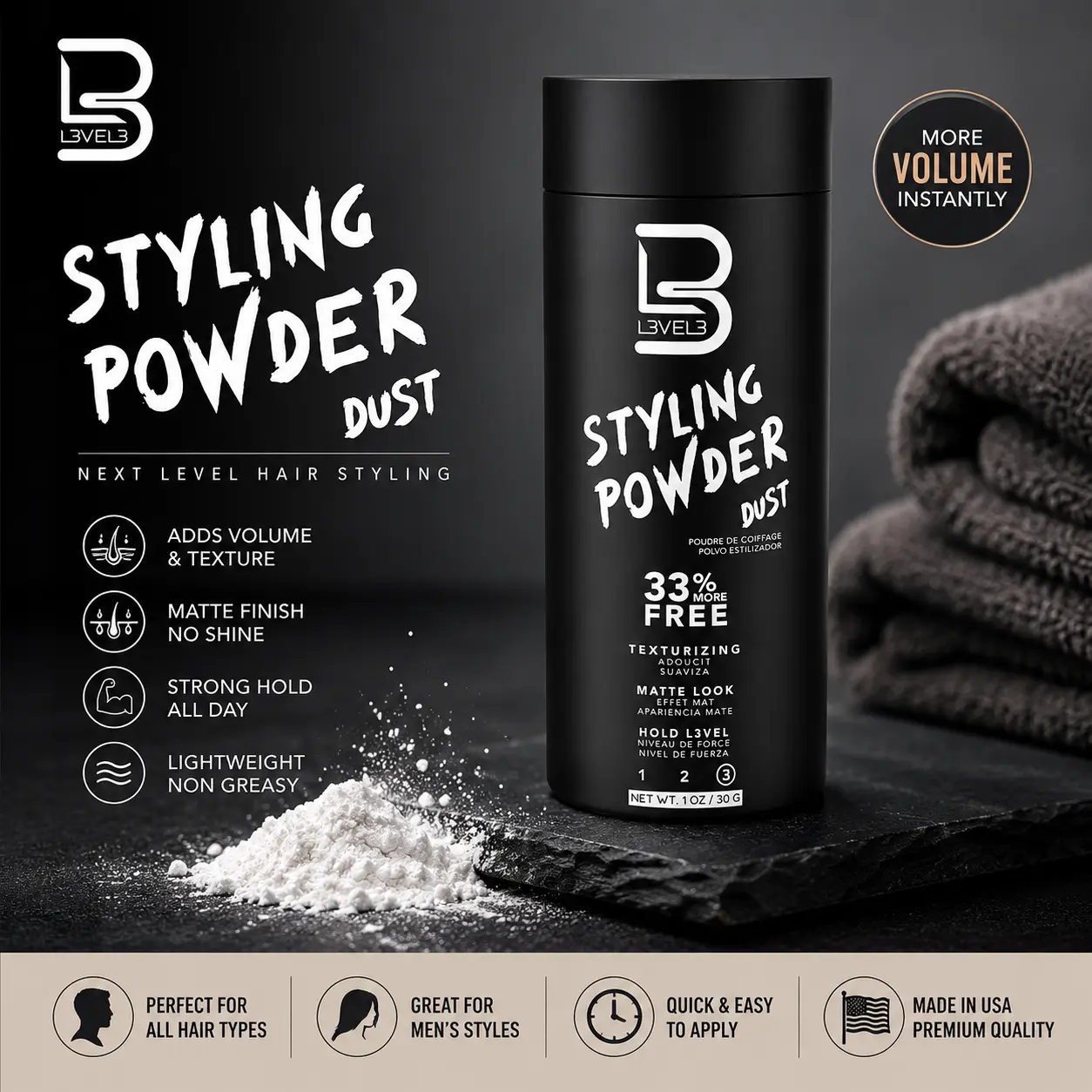 Level 3 Styling Powder, Lightweight Volumizing & Texturizing Powder for Natural Look, Easy Application, Oil-Free & Non-Greasy Residue Free